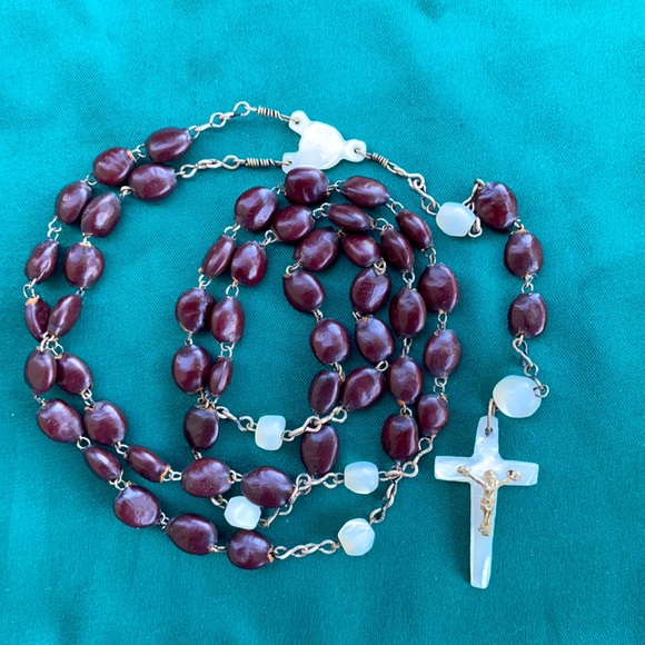 Vintage Jewelry - Vintage Mother of Pearl and Wood Rosary